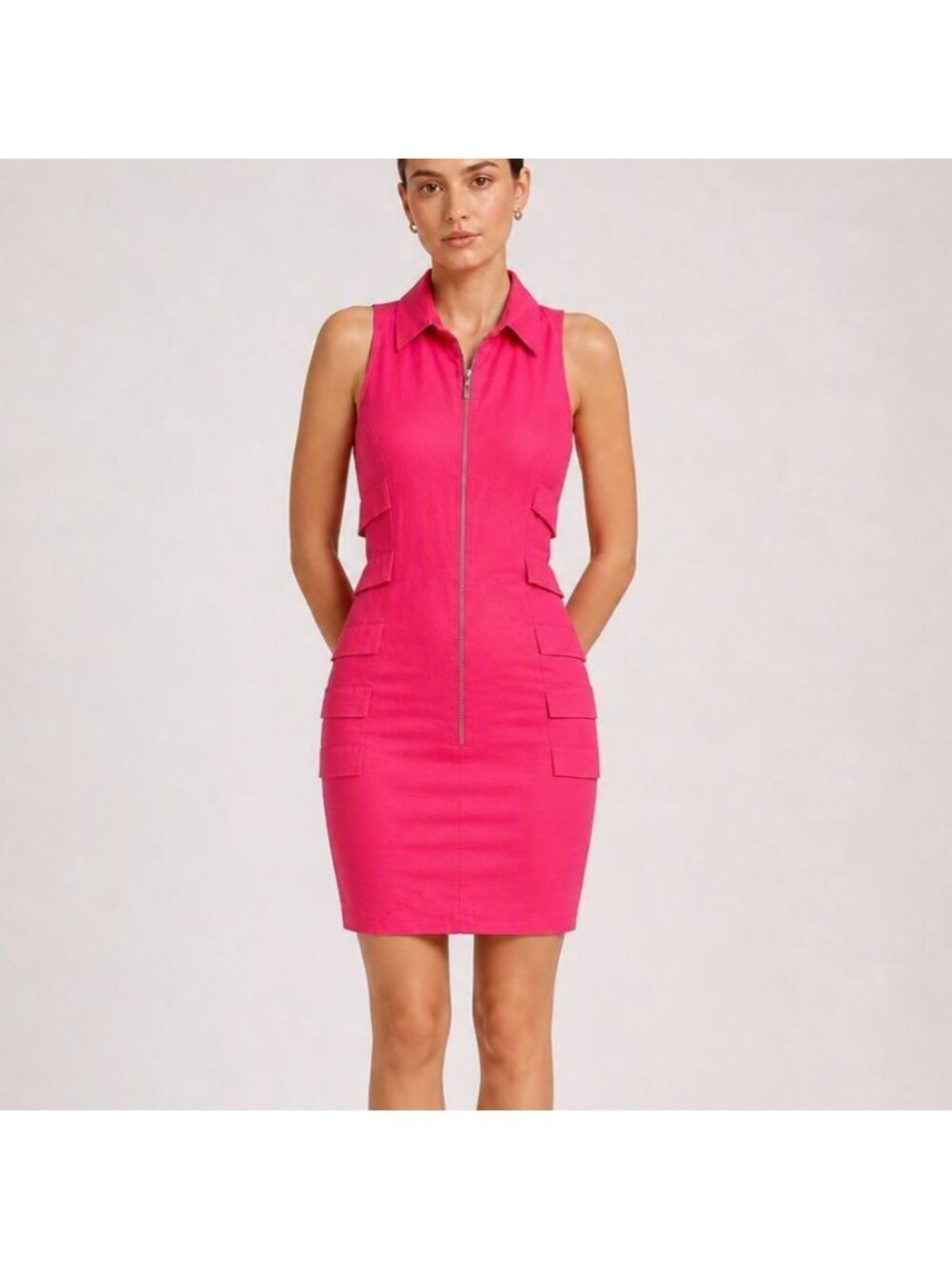 Nicole Miller Size 10 Red Linen Sleeveless Collared Front Zip Tiered Mini Dress